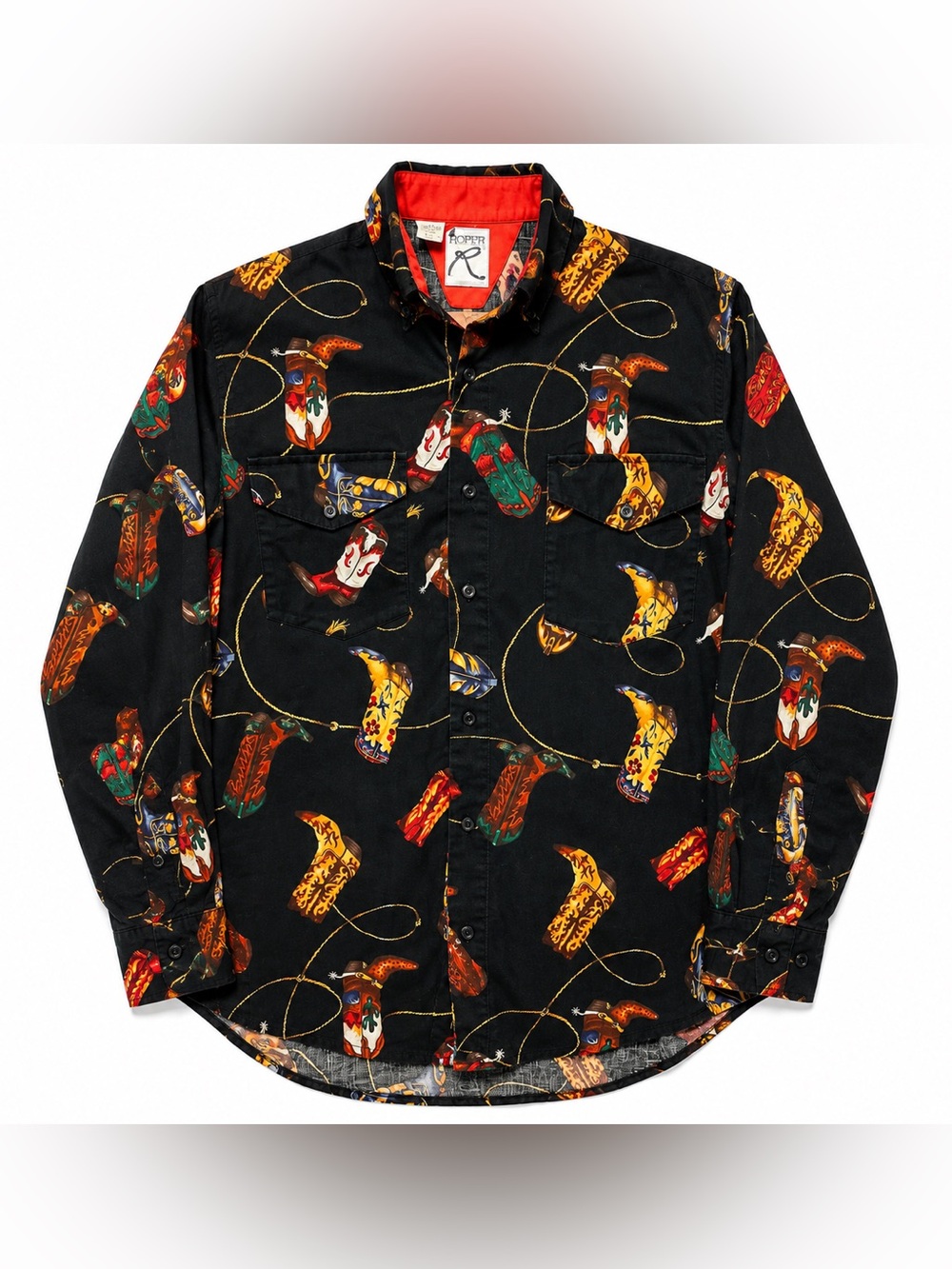 Vintage‎ Roper Cowboy Boot Western Button Up Shirt Black Novelty Print Large